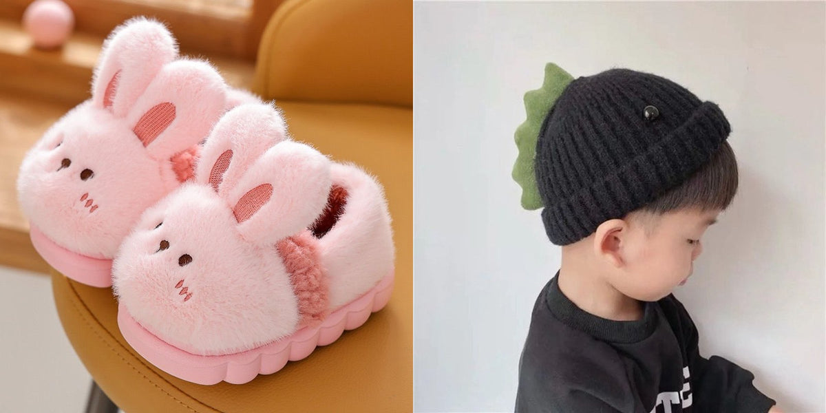 Fuzzy animal slippers with dinosaur beanie hat gift set