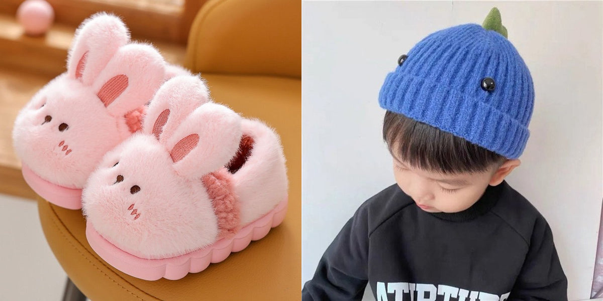 Fuzzy animal slippers with dinosaur beanie hat gift set