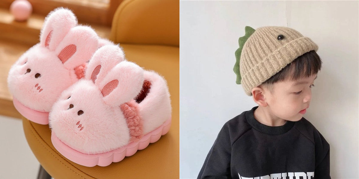 Fuzzy animal slippers with dinosaur beanie hat gift set