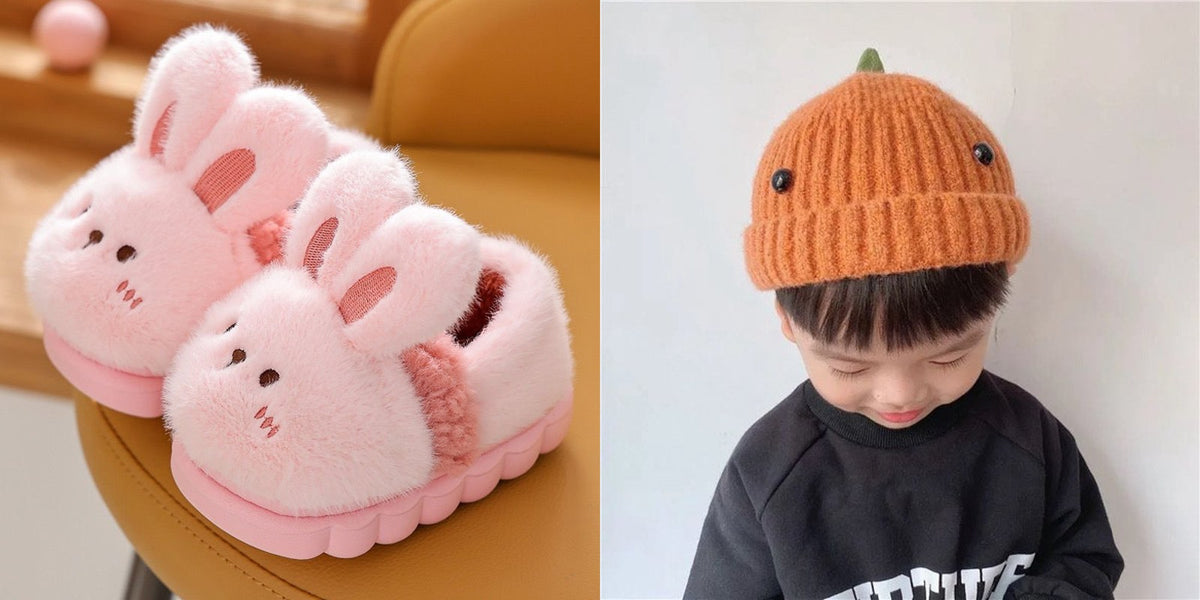 Fuzzy animal slippers with dinosaur beanie hat gift set