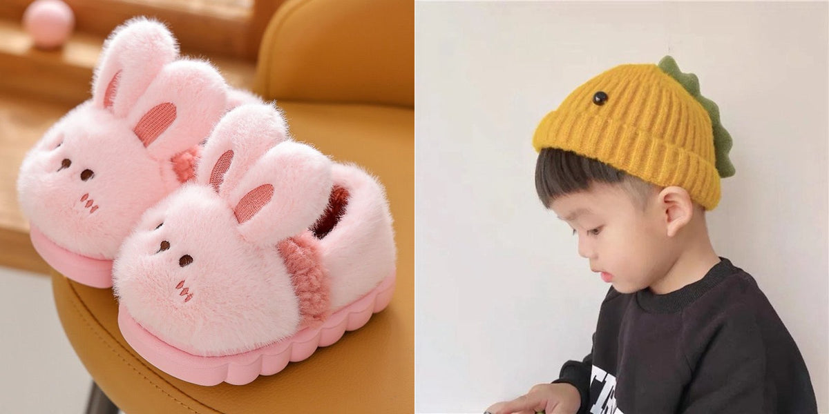 Fuzzy animal slippers with dinosaur beanie hat gift set