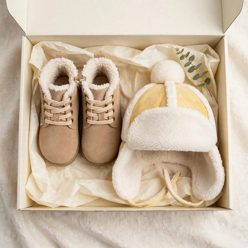 Terra winter gift set for toddlers - tan barefoot snow boots and sherpa aviator hat in a gift box, ready-to-give Christmas gift for kids
