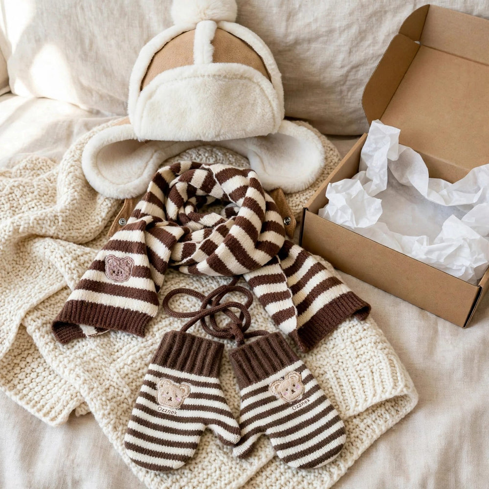 Winter accessories gift set for toddlers - sherpa aviator hat, no-itch striped scarf and winter mittens, ready-to-give kids gift set