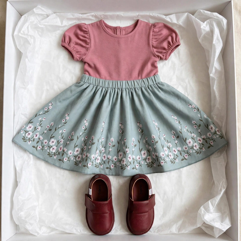 Burgundy twirl gift set for girls - burgundy slip-on dress shoes and floral twirl dress in a gift box, holiday outfit gift for toddlers